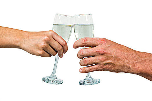 局部,手,情侣,拿着,香槟酒杯,白色背景