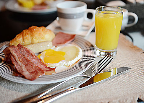 早餐,熏肉,煎鸡蛋,橙汁,咖啡