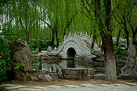 中國古典園林湖泊中的石板路和拱形橋