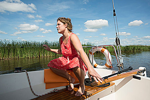 女人,船,湖区,旧式,连衣裙,弗里斯兰省,荷兰