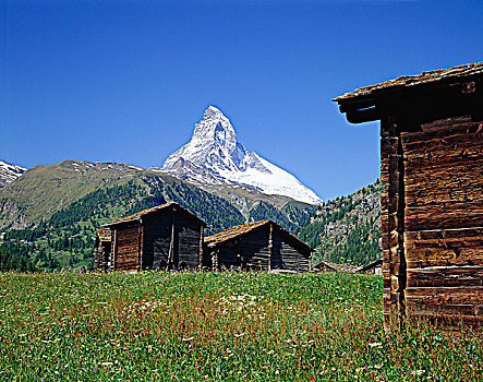 木制屋舍,雪景,马塔角,顶峰,靠近,策马特峰,阿尔卑斯山,瑞士