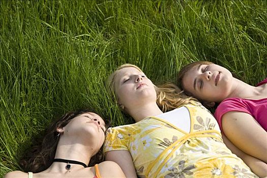 三个女孩,睡觉,草