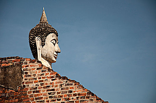 泰国,大城府,寺院,头部,石像,佛,红砖,墙壁,庙宇