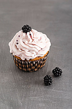 杯形蛋糕,黑莓,奶油