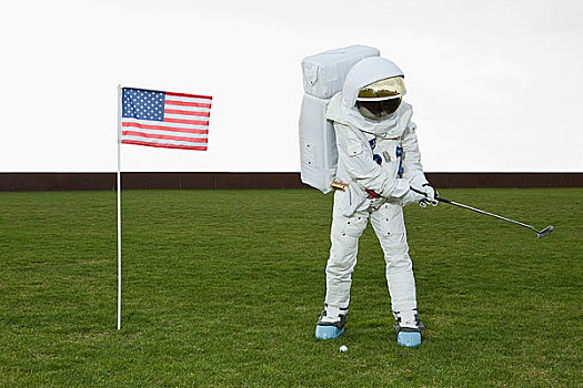 宇航员,晃动,高尔夫球杆,靠近,美国国旗