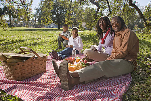 肖像,孩子,美国黑人,家庭,野餐,户外,公园,看镜头