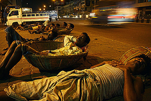 蔬菜,搬运工,睡觉,篮子,公路,集市,区域,达卡,城市,孟加拉,五月,2009年