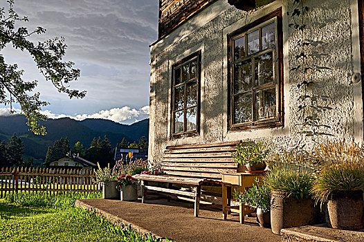 长椅,正面,农舍,阿尔卑斯山
