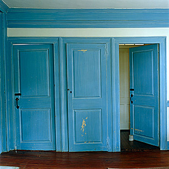 厨房,三个,门,涂绘,相同,鲜明,天蓝色,对比,红棕,地板