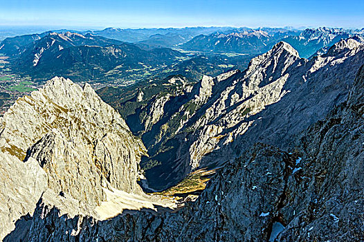 风景,楚格峰,左边,阿尔卑斯峰,右边,加米施帕藤基兴,上巴伐利亚,巴伐利亚,德国,欧洲