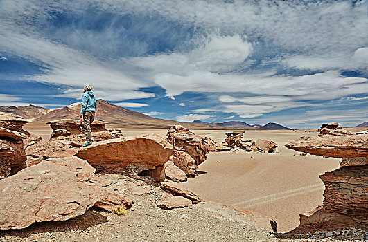 女人,站立,石头,观景,别墅,波托西地区,玻利维亚,南美