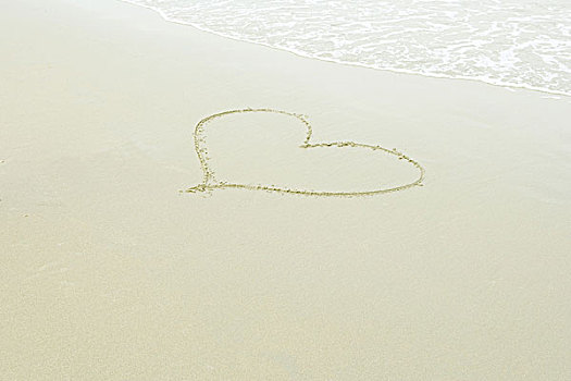 海滩,沙子,海洋,海岸,岸边,沙滩,描绘,涂绘,心形,水,概念,浪漫,度假,喜爱,蜜月,伙伴,情感,相爱,感觉,调情