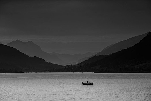 风景,上方,湖,晚上,亮光,渔民,划桨船,正面,卡林西亚,奥地利,欧洲