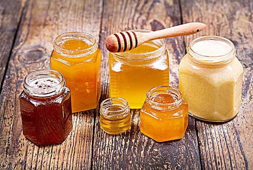 多样,蜂蜜,玻璃,木桌子