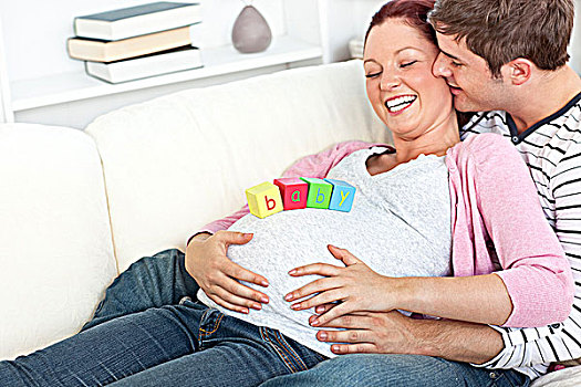 肖像,高兴,孕妇,婴儿,腹部,丈夫,吻