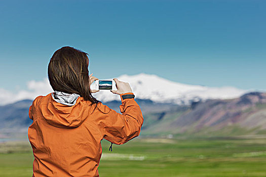 女人,照相,智能手机,斯奈山半岛,冰河,冰岛