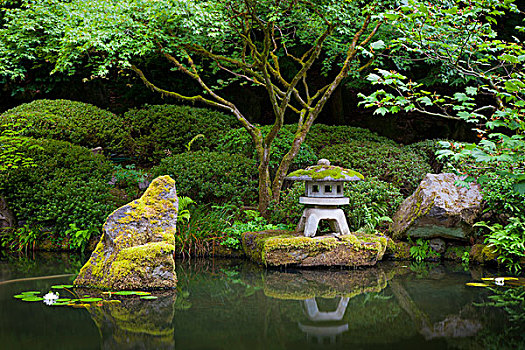 塔,水塘,日式庭园,波特兰,俄勒冈,美国