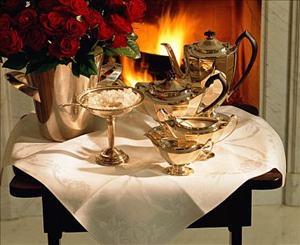 银,茶具,桌子,正面,壁炉
