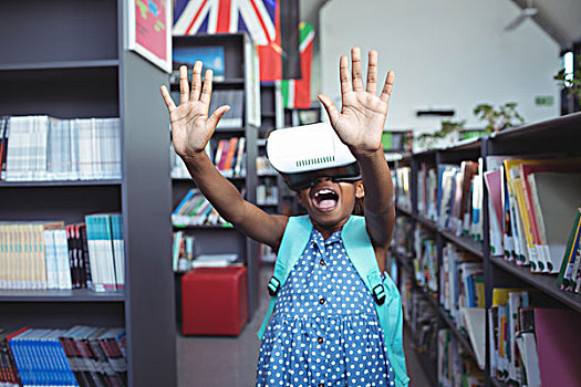 女孩,穿,虚拟现实,手势,叫,图书馆