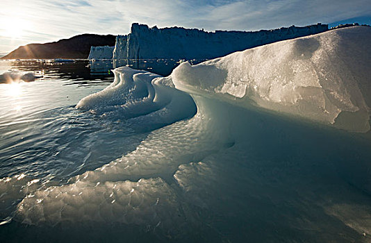 格陵兰,伊路利萨特,冰山,靠近,脸,冰河,迪斯科湾,照亮,子夜太阳,夏天,晚间