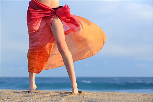 女人,腿,假期,姿势,海滩,沙滩裙