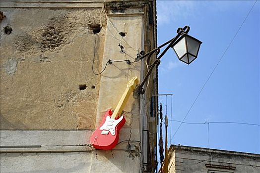 路灯,红色,电吉他,建筑,历史,中心,卡拉布里亚,意大利南部,欧洲