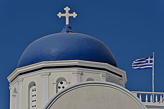希腊国旗,飞,靠近,鲜明,蓝色,教堂,圆顶,锡拉岛,基克拉迪群岛,希腊,岛屿,欧洲