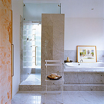 优雅,浴室,浴缸,淋浴,柜子,石头,化妆用品,白色背景,折叠椅