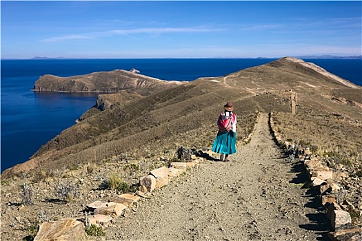 女人,走,小路,提提卡卡湖,玻利维亚