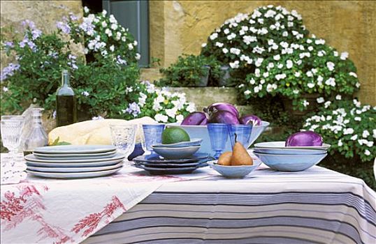 盘子,餐具,桌子,桌布,户外,花园,房子,花,背景