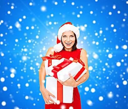 圣诞节,休假,庆贺,人,概念,微笑,女人,圣诞老人,帽子,红裙,礼盒,上方,蓝色,雪,背景