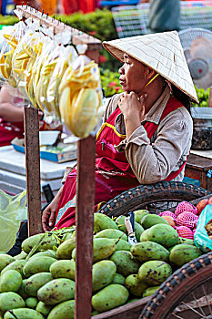 市场,女人,新鲜,芒果,万象,老挝