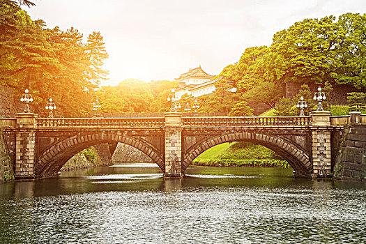 老,石桥,靠近,日本传统,建筑,阳光
