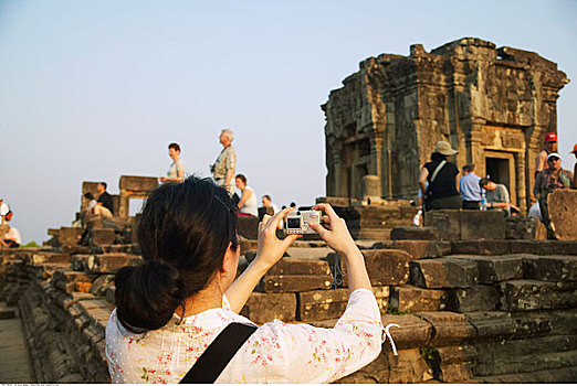 女人,照相,庙宇,吴哥窟,柬埔寨