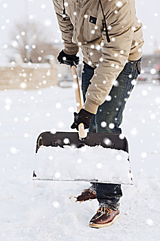 运输,冬天,人,交通工具,概念,特写,男人,挖,雪,铲