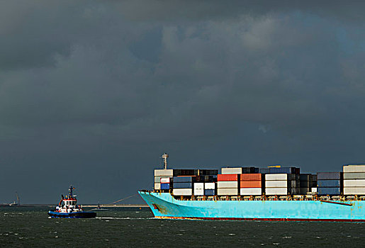 集装箱船,进入,鹿特丹,港口,帮助,托船
