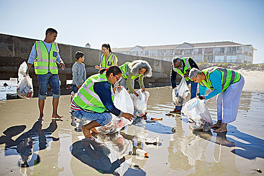 志愿者,清洁,垃圾,晴朗,湿,沙滩