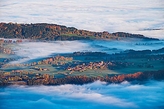 瓦克尔斯堡,晨雾,风景,靠近,兰格丽斯,上巴伐利亚,巴伐利亚,德国,欧洲