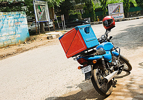 比萨饼,递送,摩托车,道路,新德里,印度