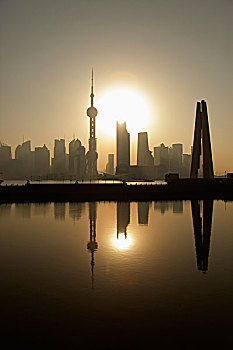 上海,天际线,日出,英雄,战争纪念碑,前景,反射,中国
