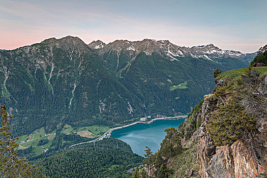 俯视,岩石,顶峰,湖,黎明,高山,布鲁希奥,格劳宾登,博斯齐亚格,山谷,瑞士