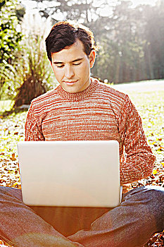 男人,坐,树叶,笔记本电脑