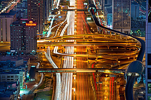 航拍,光亮,道路,中心,迪拜,阿联酋