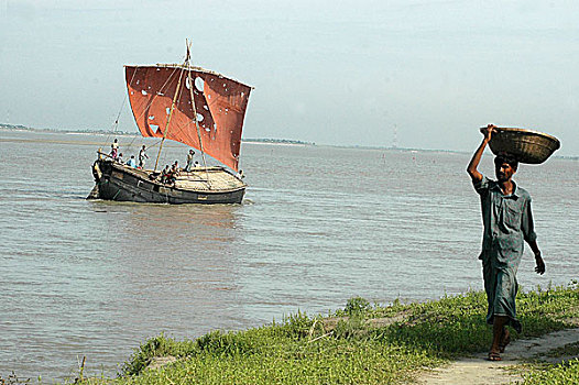 货船,帆,河,孟加拉,船,运输,商品,不同,五月,2005年