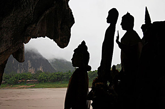老挝,琅勃拉邦,剪影,佛像,洞穴