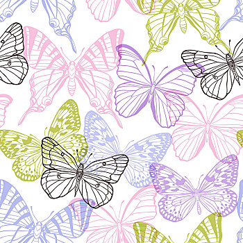 装饰,矢量,无缝,图案,粉色,紫色,绿色,蝴蝶,白色背景