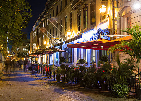 街头咖啡馆,小酒馆,晚上,历史,老城,魁北克,魁北克省,加拿大,北美