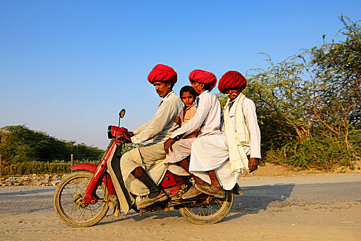 四个,男人,三代人,骑,一起,摩托车,拉贾斯坦邦,印度,亚洲