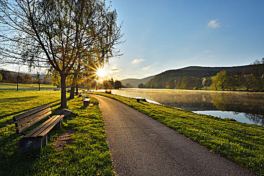 自行车道,长椅,太阳,早晨,河,施佩萨特,巴伐利亚,德国