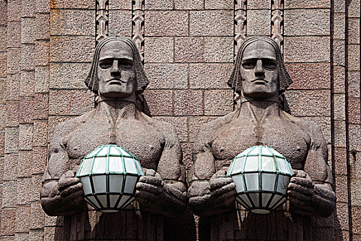 芬兰,赫尔辛基,地铁站,入口,石头,雕塑,拿着,球体,灯